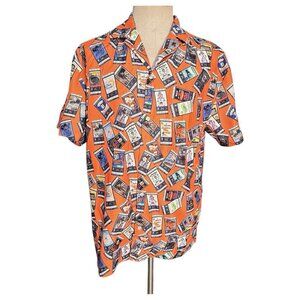 Detroit Tigers Ticket Stub Hawaiian Shirt Mens Large Orange Button Front Camp